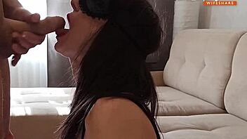 A married woman performs a dual oral sex act while receiving cum in her mouth in a threesome scenario. Part 1 of episode 1232.
