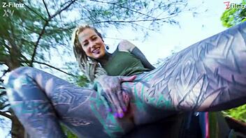 naughty tattoo model does public anal squirt and gape outdoors