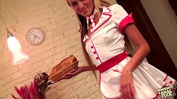 blonde nurse in high heels massages pussy and fingers asshole on the table