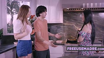 MILFs Lolly and Sukki seduce their stepson while cooking dinner