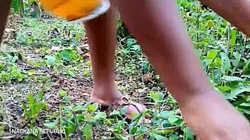 The sexy ebony tattooed babe teases with her big ass in panties, making you cum instantly outdoors