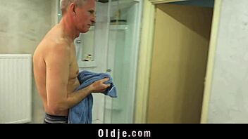 A horny young woman with large breasts seduces an older man for sex