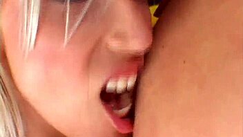 Fair-haired beauty pleasures her partner's nipples before a steamy cunnilingus session