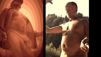 Mature European nudist gets excited outdoors