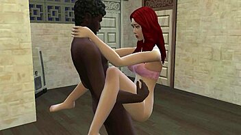 Aroused African American engages in sexual activity with an attractive ginger-haired woman