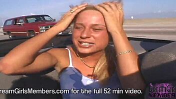 Check it, hot blonde gets naked frolicking in my backseat outdoors!