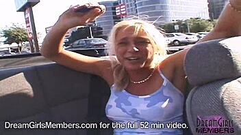 Check it, hot blonde gets naked frolicking in my backseat outdoors!