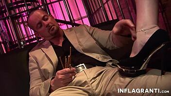 short haired whore gets feet covered with sperm