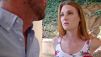 Blonde slave gags on stepbro's rod in tight bondage.