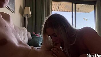 Tanned blonde rides my cock after blowjob