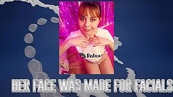 Low grade blowjob ends with cum on face and tongue