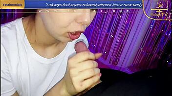 Low grade blowjob ends with cum on face and tongue