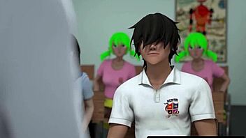 Busty anime teacher demonstrates sexual positions with eager students in public
