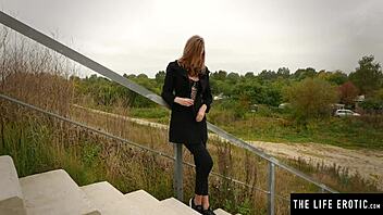 cute shaved teen discreetly masturbates to orgasm in public, exposing her big pussy