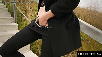 cute shaved teen discreetly masturbates to orgasm in public, exposing her big pussy