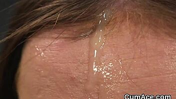 Frisky babe gets a huge jizz load on her face and gulps it all down