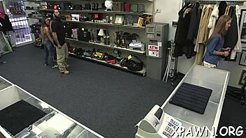 couple fucks in shop with big cock, tight pussy action