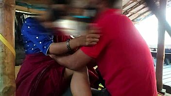 bengali girl in red saree gets bent over for doggystyle sex outdoors with couple