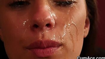 Hot peach receives facial cumshot and swallows semen in blowbang bukkake