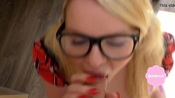 Watch her get fucked in uniform! Cum on glasses!