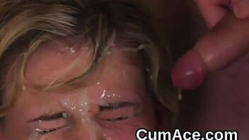 Hot peach receives facial cumshot and swallows semen in blowbang bukkake