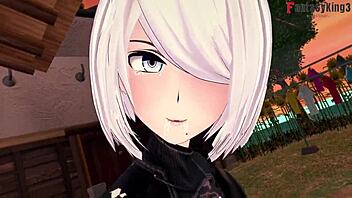 Short adult video of Nier: Automata-inspired POV sex with a blindfolded babe in a dress.