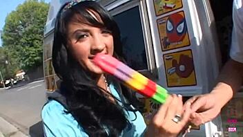A stunning brunette enjoys an intense encounter in a van, switching between doggy, missionary, and cowgirl positions