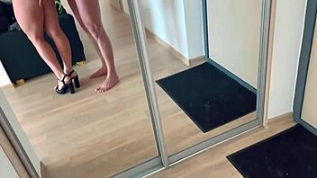 Young woman with unshaven pussy in high heels gets fucked in ripped shorts