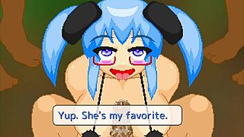 In pixel town, the bound heroine engages in intense bondage play with toys and blowjobs.