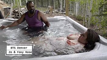 Behind the scenes with Zo Snow and Foxy Rose in jacuzzi, big black cocks teasing chubby BBWs