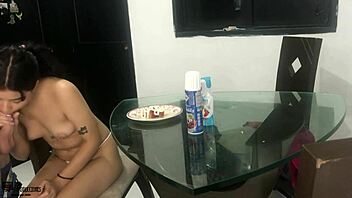 Latina gets horny eating dick with strawberry and cream