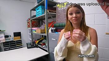 in the office, a braless redhead teen deepthroats a police officer's cock while choking at work