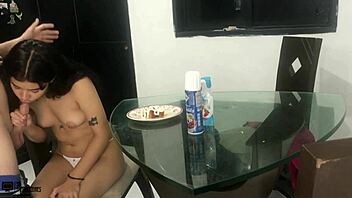 Latina gets horny eating dick with strawberry and cream