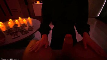 Student roleplays halloween with brunette in bent over position