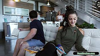 Petite stepsis sucks her stepbro's huge cock.