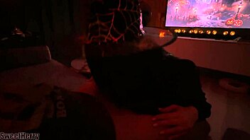 Student roleplays halloween with brunette in bent over position