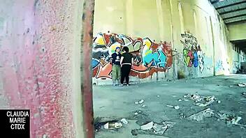 Fat amateur masturbates or gets fucked on a wall in public