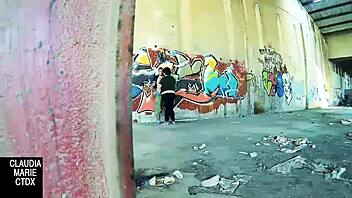 Fat amateur masturbates or gets fucked on a wall in public