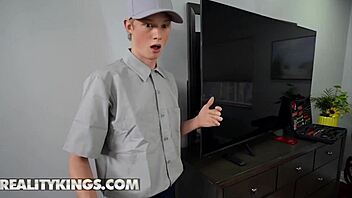 Mackenzie Mace deep throat blowjob and hard sex with a repairman