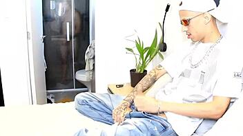 shared room where muscular guy catches young neighbor masturbating in shower