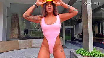 In the gym, the latina teacher conducts a stretching class for brazilian students with natural tits and big asses.