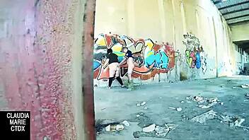 fat curvy couple fucks hard against street wall in public, masturbating and cumming on pussy