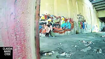 Fat amateur masturbates or gets fucked on a wall in public