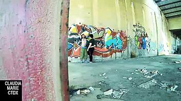 fat curvy couple fucks hard against street wall in public, masturbating and cumming on pussy