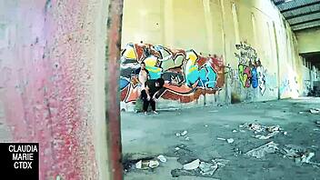 Fat amateur masturbates or gets fucked on a wall in public