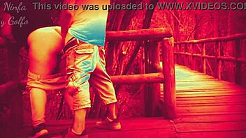 Fucking brunette with big tits bent over in forest! Risk of getting caught!