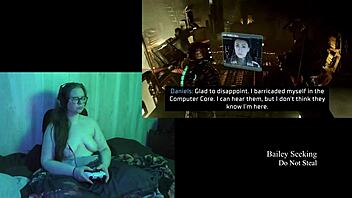 Naked brunette plays deadspace game part three