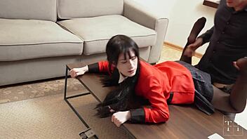 Self-confident Yumeko Jabami defeated and drilled on table madness