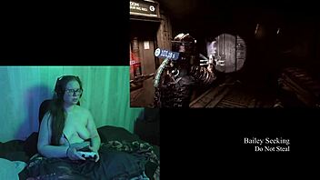 Naked brunette plays deadspace game part three