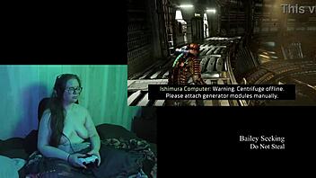 Naked brunette plays deadspace game part three